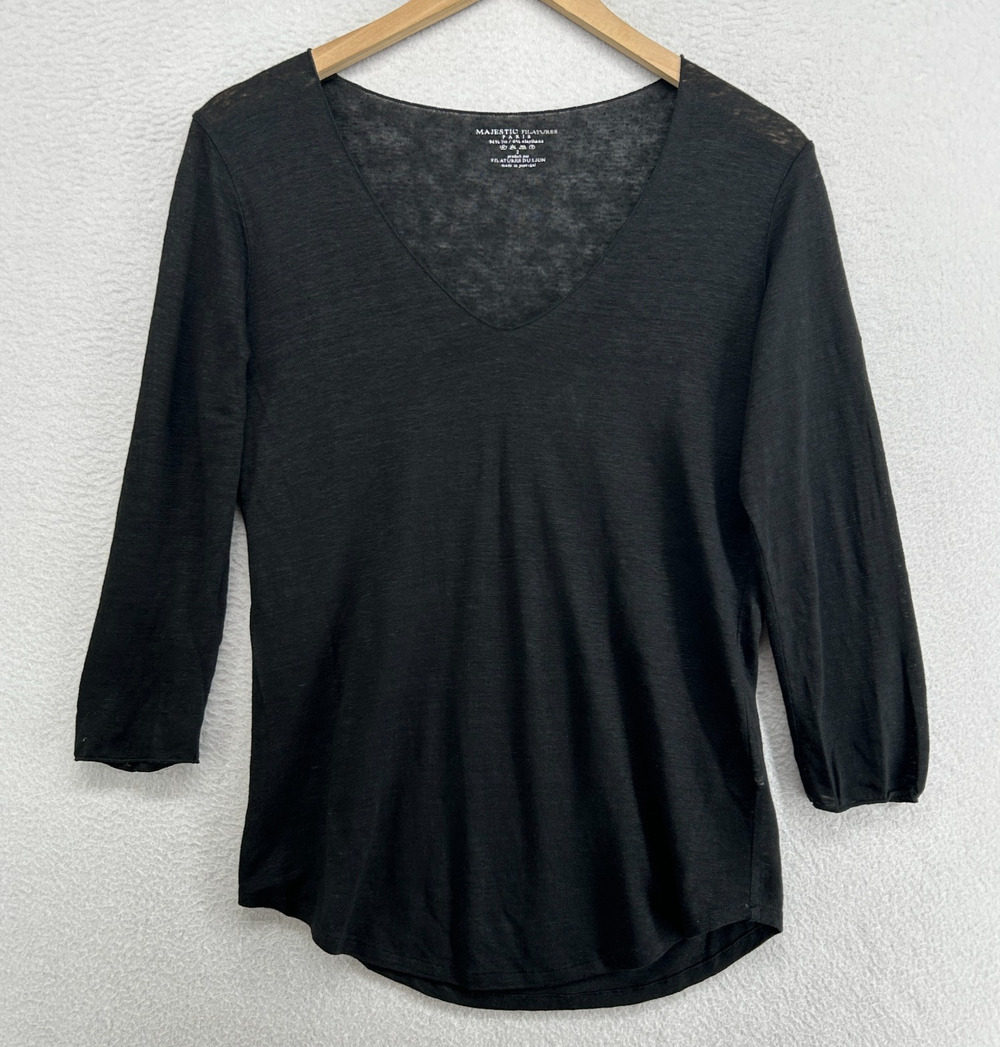 MAJESTIC FILATURES Top Womens 2 S Slub Linen Jersey V-Neck 3/4 Sleeve Black